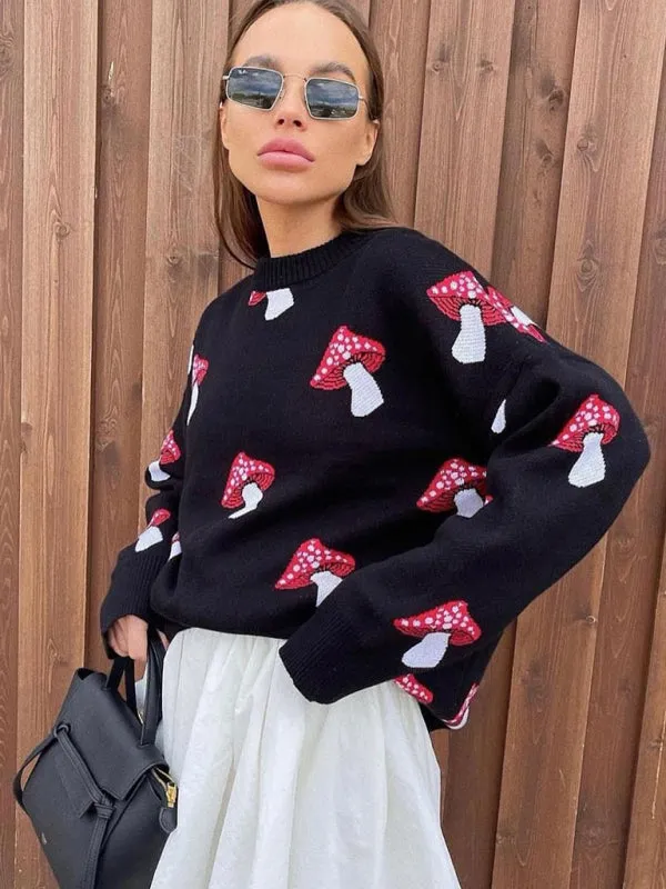 Trendy Oversized Sweater with Mushroom Print