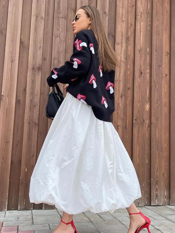 Trendy Oversized Sweater with Mushroom Print