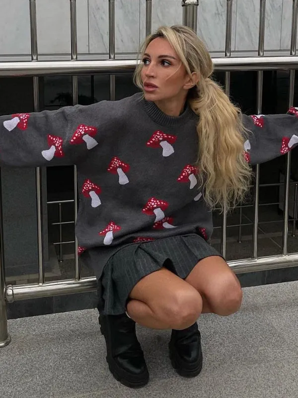 Trendy Oversized Sweater with Mushroom Print