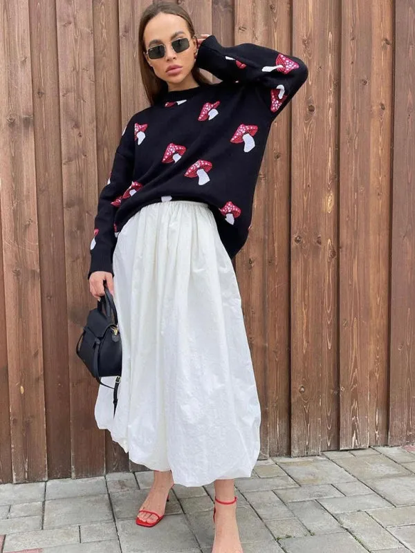 Trendy Oversized Sweater with Mushroom Print