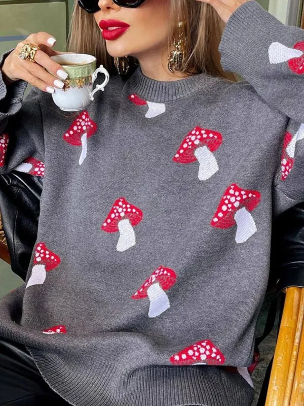 Trendy Oversized Sweater with Mushroom Print