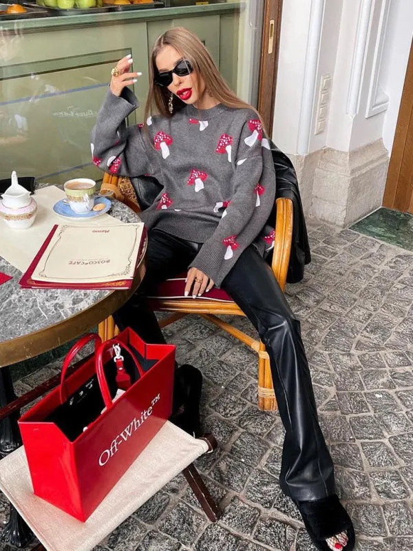 Trendy Oversized Sweater with Mushroom Print