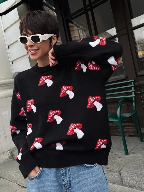 Trendy Oversized Sweater with Mushroom Print