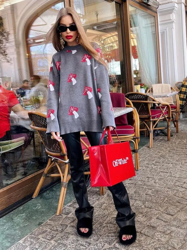 Trendy Oversized Sweater with Mushroom Print