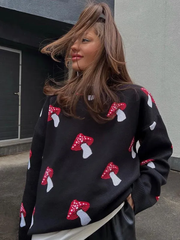 Trendy Oversized Sweater with Mushroom Print