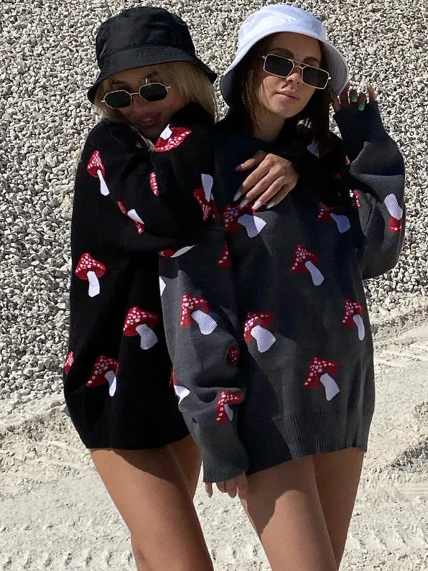 Trendy Oversized Sweater with Mushroom Print