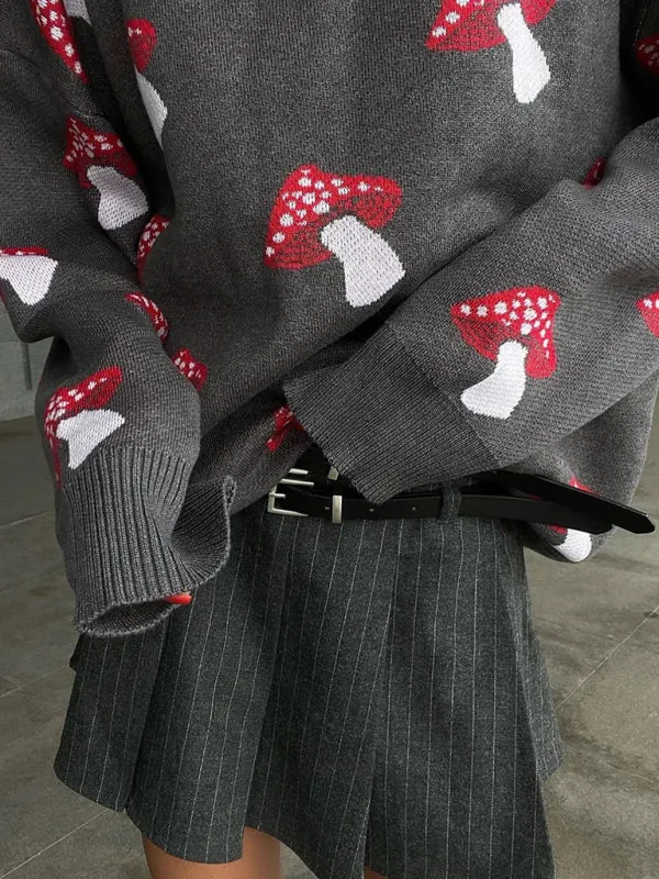 Trendy Oversized Sweater with Mushroom Print