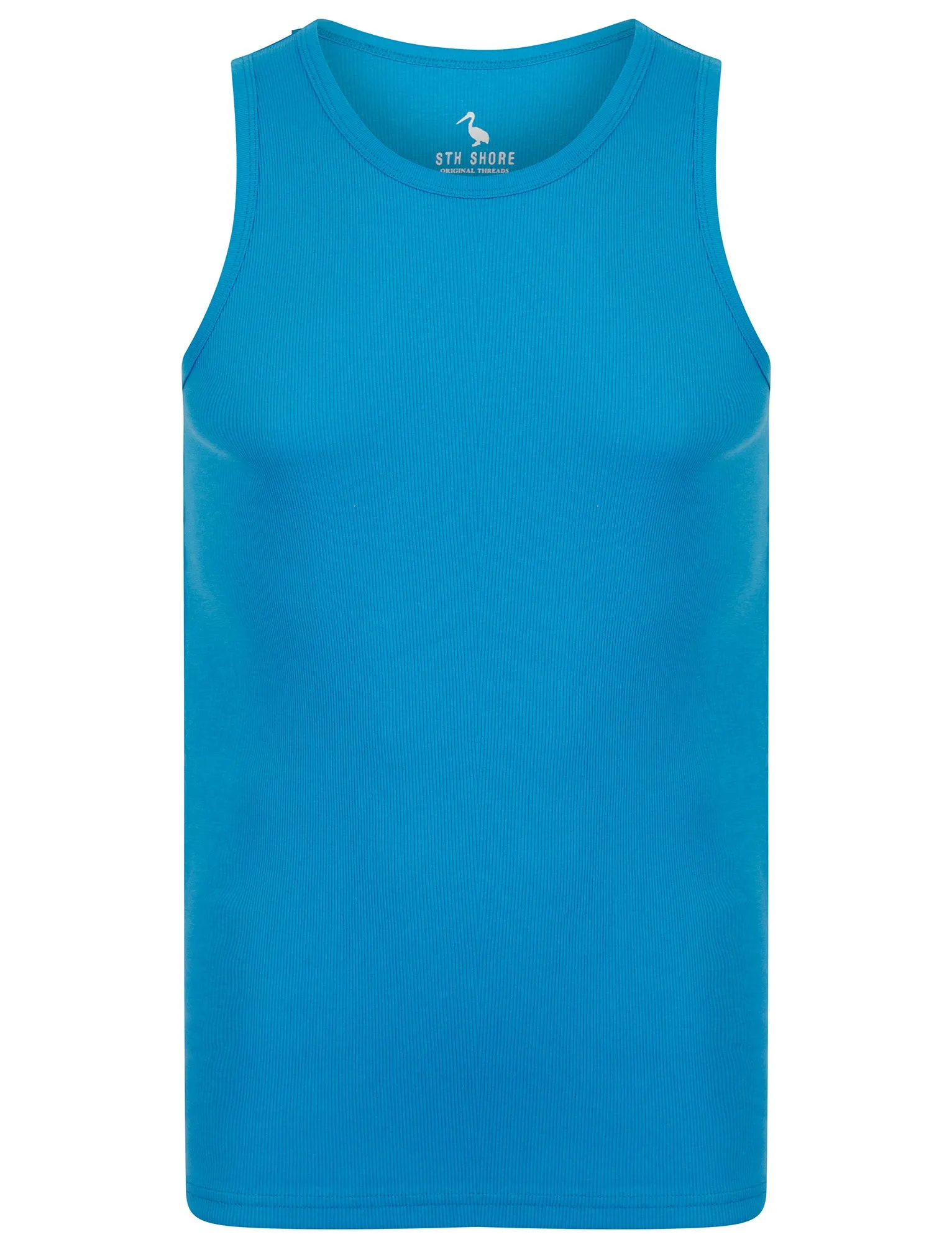 Victory 4 Pack Cotton Ribbed Sleeveless Vest Tops in Blithe Blue / Light Grey Marl / Jet Black / Blue Horizon - South Shore