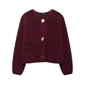 Wenkouban-Christmas Thanksgiving outfits_Vintage Stylish Cozy Cropped Wine Red Knitted Button Pocket Christmas Sweater