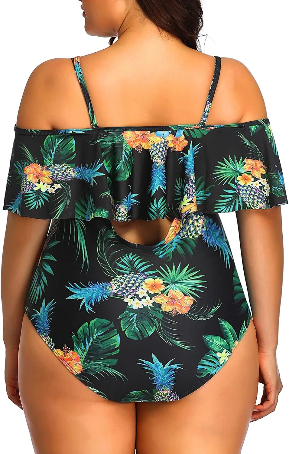 Women Plus Size One Piece Off Shoulder Swimsuits Lace Up Tummy Control Flounce Bathing Suits