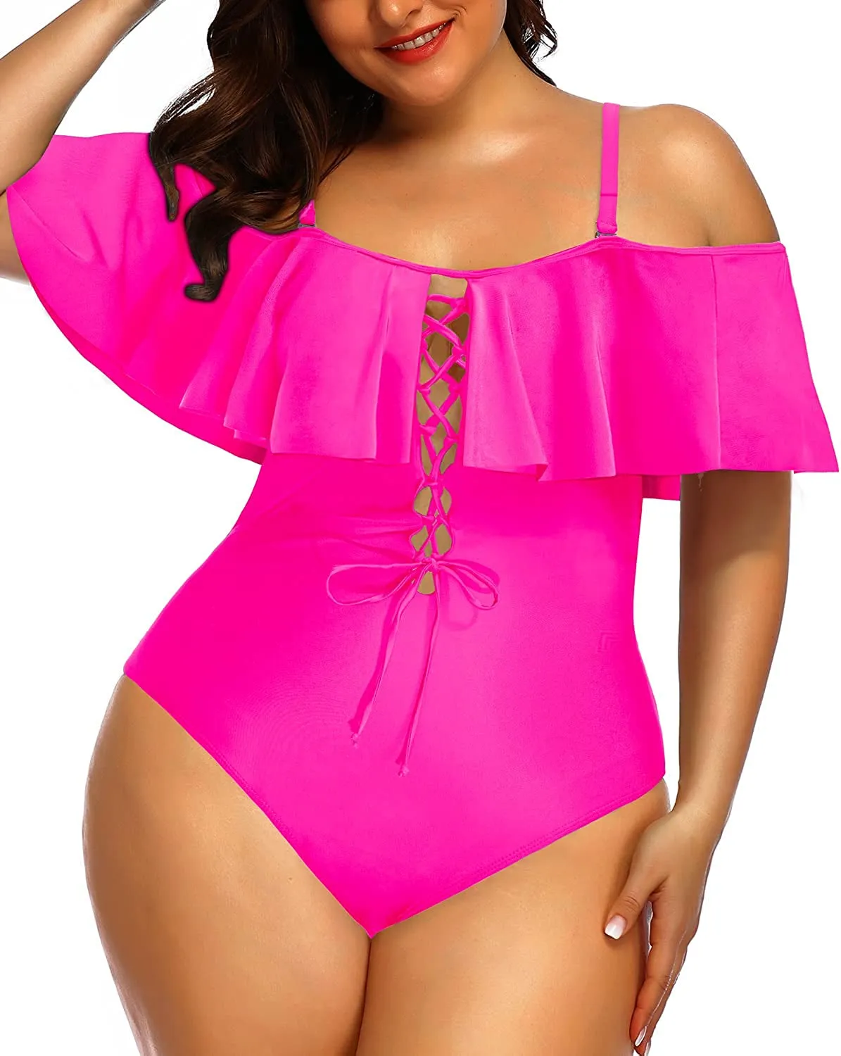 Women Plus Size One Piece Off Shoulder Swimsuits Lace Up Tummy Control Flounce Bathing Suits