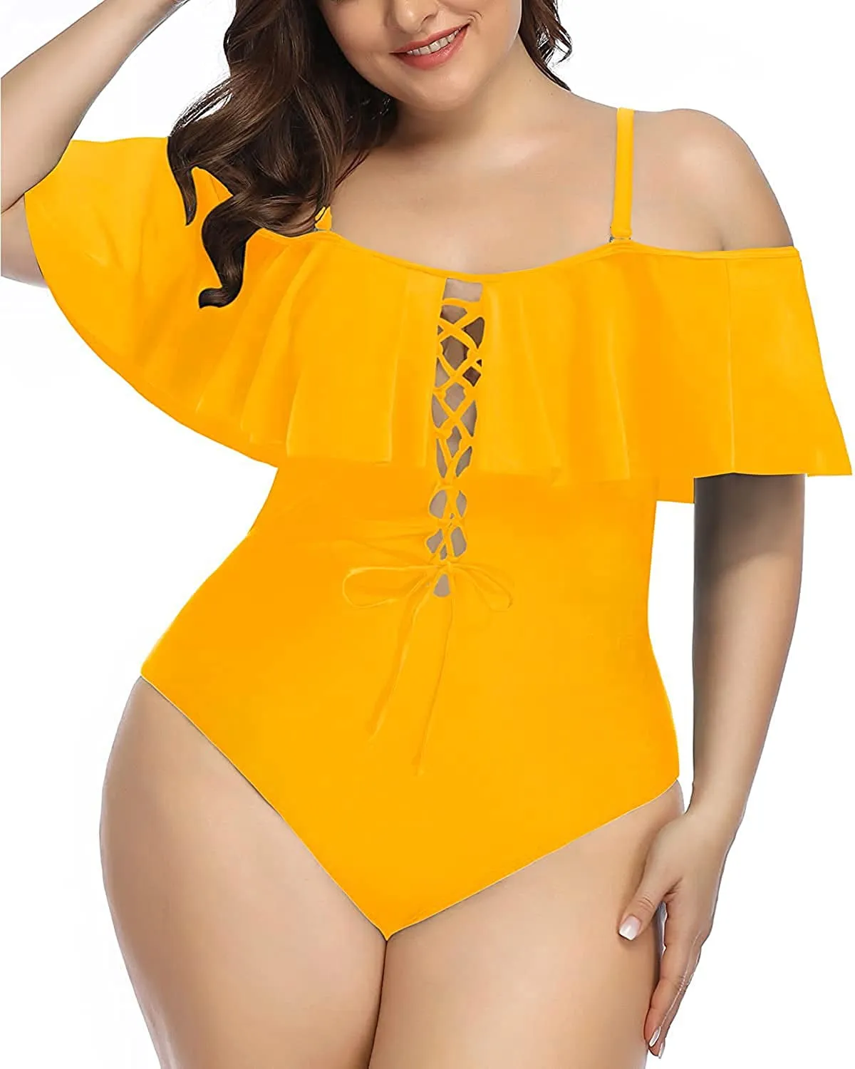 Women Plus Size One Piece Off Shoulder Swimsuits Lace Up Tummy Control Flounce Bathing Suits