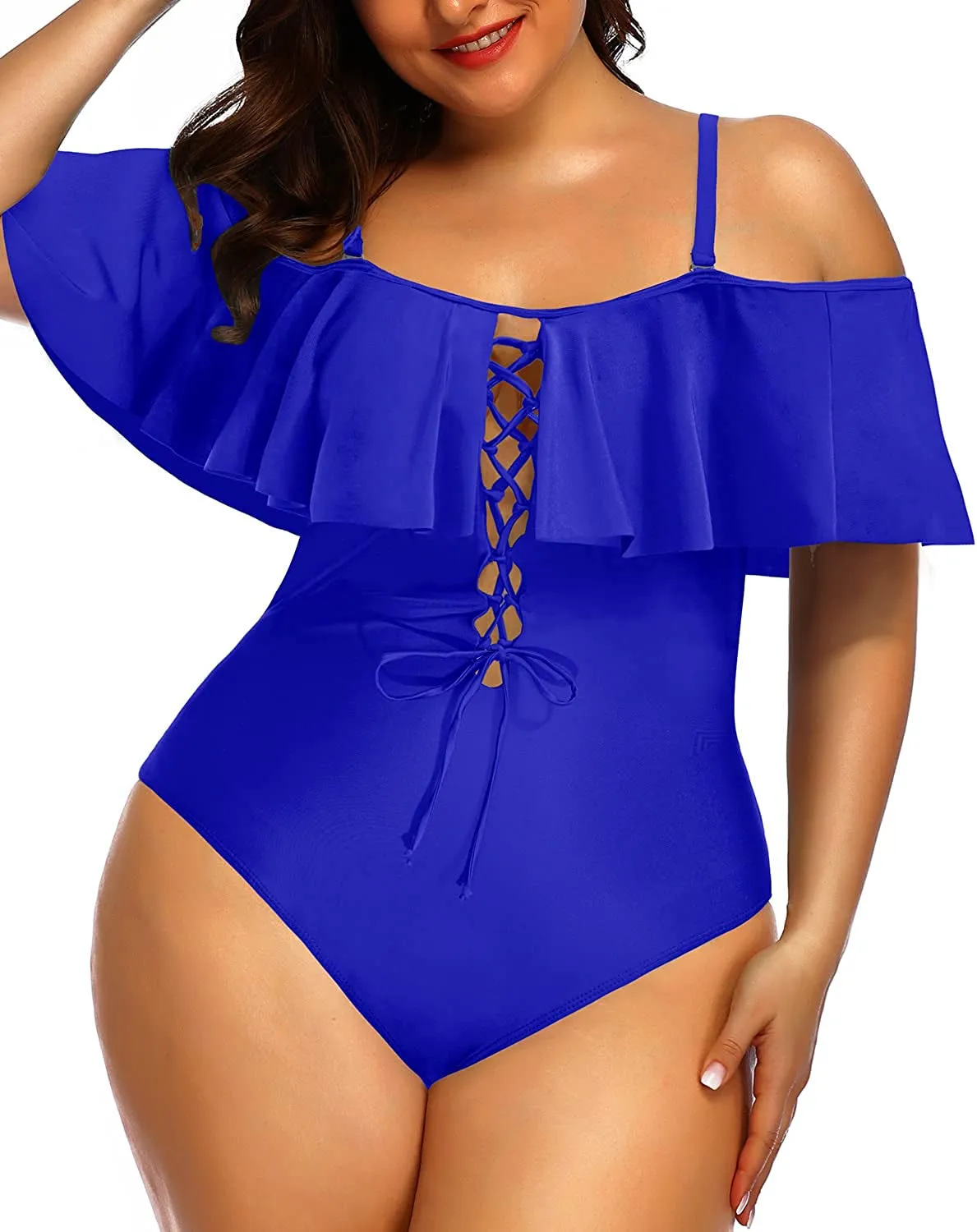 Women Plus Size One Piece Off Shoulder Swimsuits Lace Up Tummy Control Flounce Bathing Suits