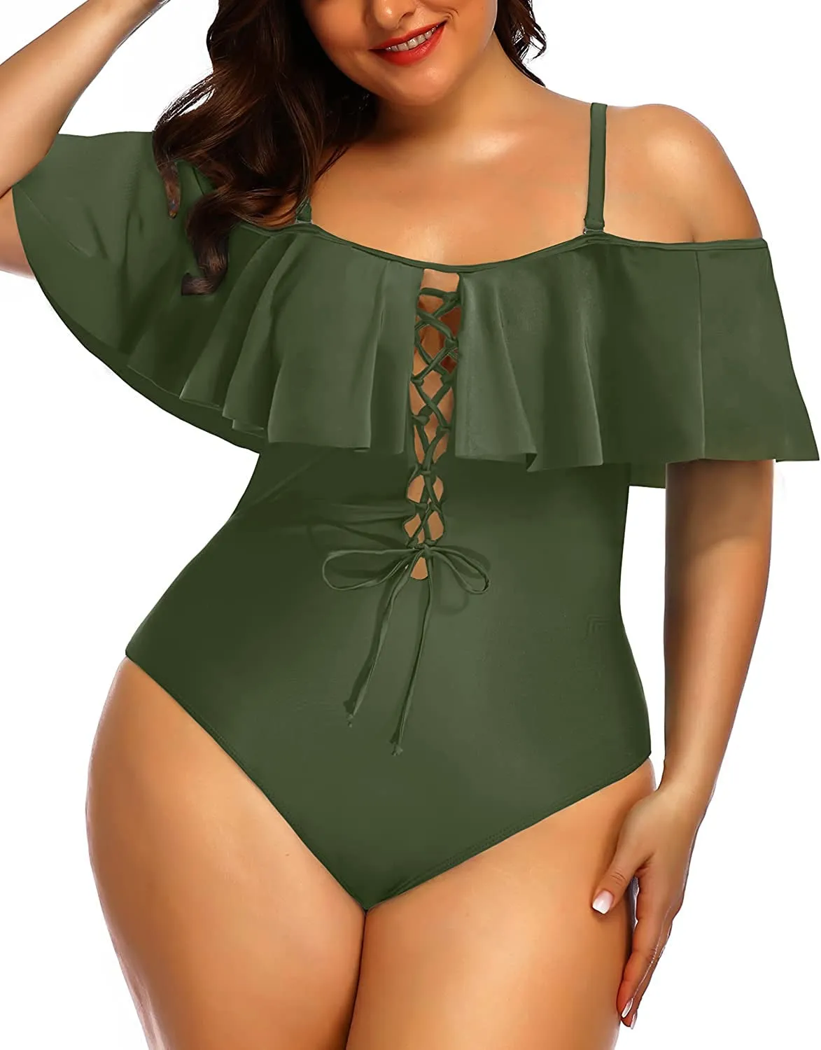 Women Plus Size One Piece Off Shoulder Swimsuits Lace Up Tummy Control Flounce Bathing Suits