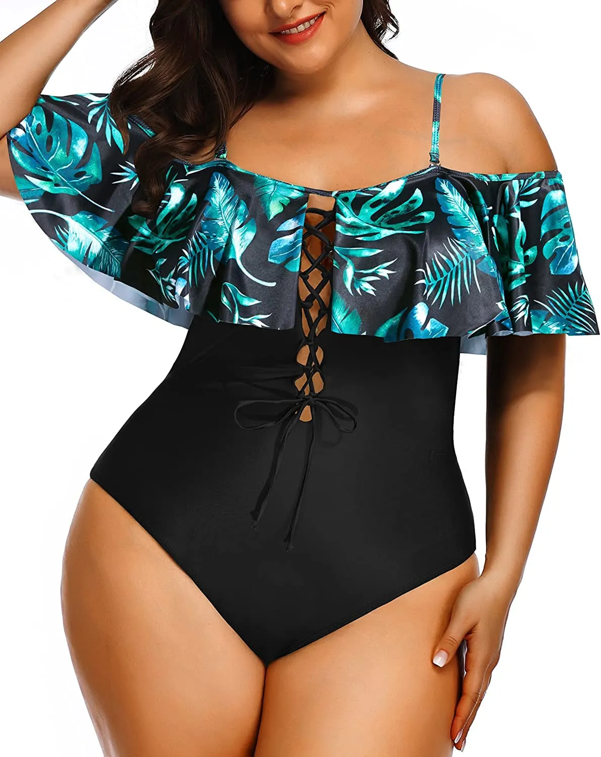 Women Plus Size One Piece Off Shoulder Swimsuits Lace Up Tummy Control Flounce Bathing Suits