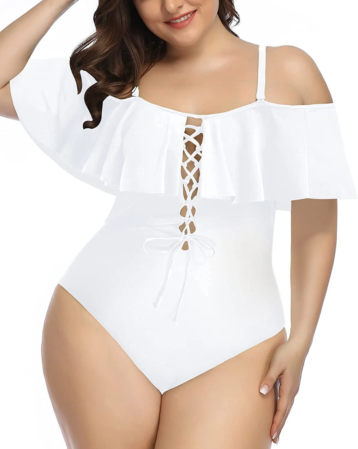 Women Plus Size One Piece Off Shoulder Swimsuits Lace Up Tummy Control Flounce Bathing Suits