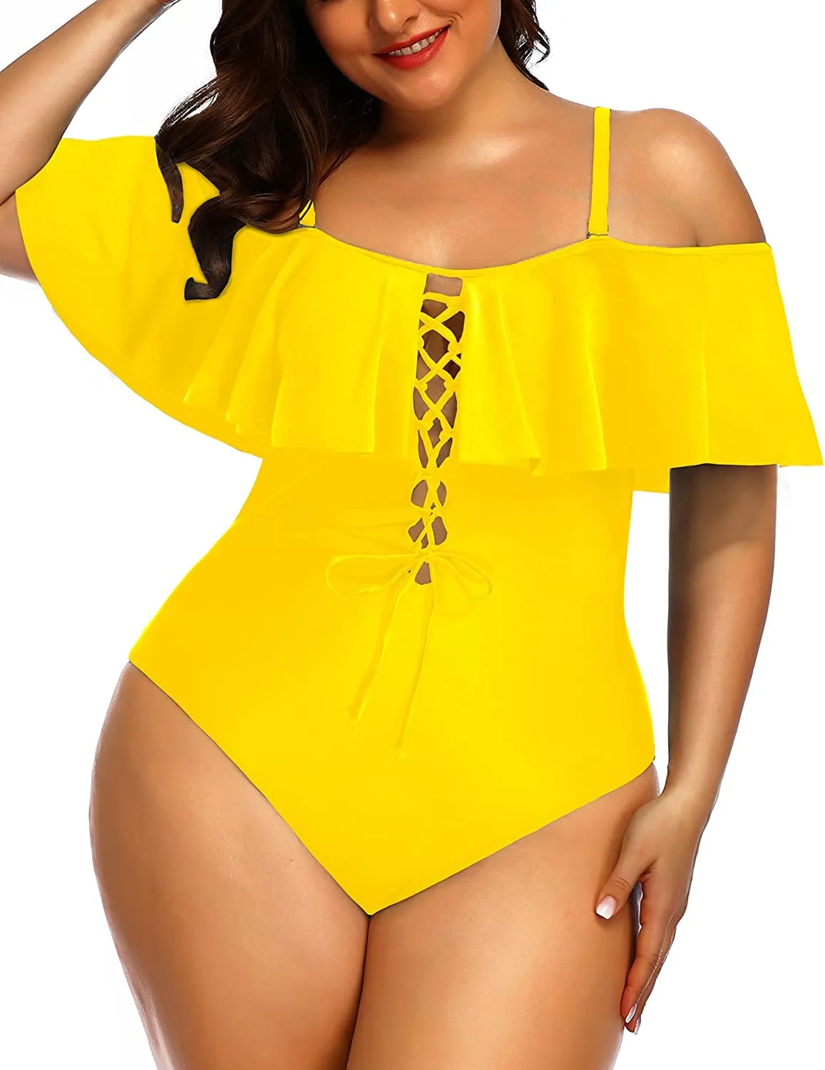 Women Plus Size One Piece Off Shoulder Swimsuits Lace Up Tummy Control Flounce Bathing Suits