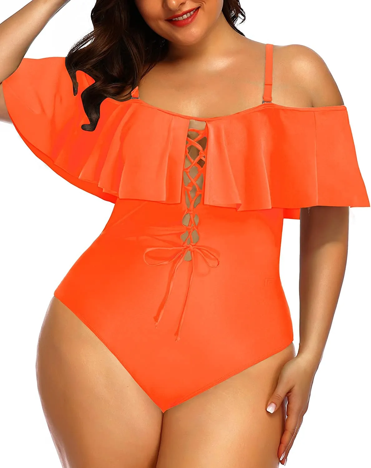 Women Plus Size One Piece Off Shoulder Swimsuits Lace Up Tummy Control Flounce Bathing Suits