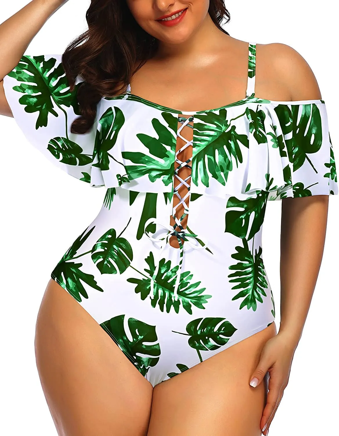 Women Plus Size One Piece Off Shoulder Swimsuits Lace Up Tummy Control Flounce Bathing Suits