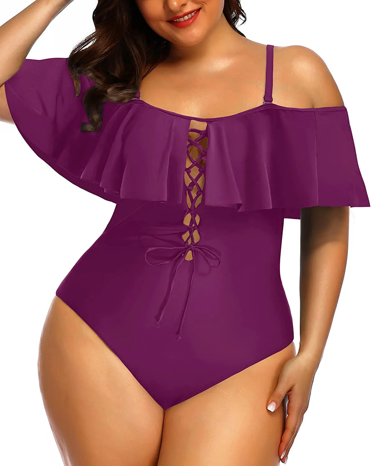 Women Plus Size One Piece Off Shoulder Swimsuits Lace Up Tummy Control Flounce Bathing Suits