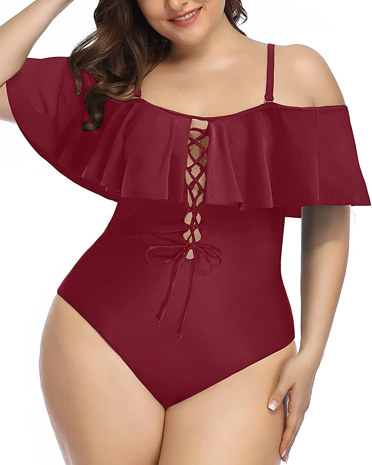 Women Plus Size One Piece Off Shoulder Swimsuits Lace Up Tummy Control Flounce Bathing Suits