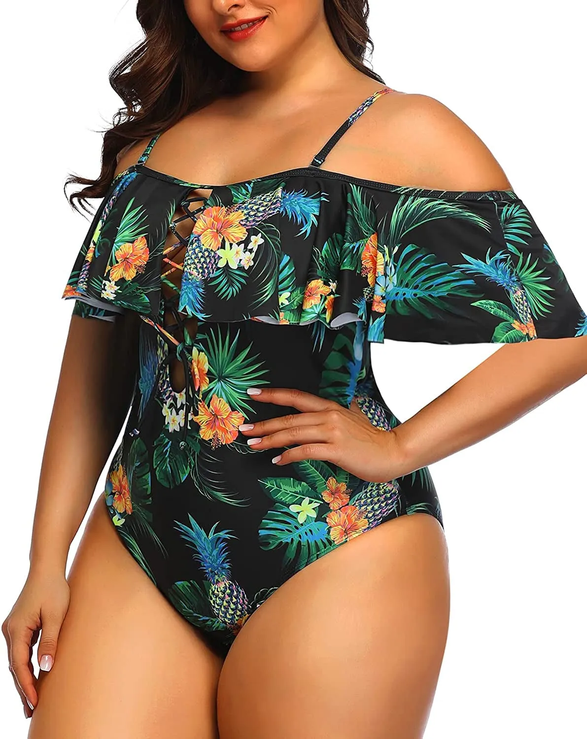 Women Plus Size One Piece Off Shoulder Swimsuits Lace Up Tummy Control Flounce Bathing Suits