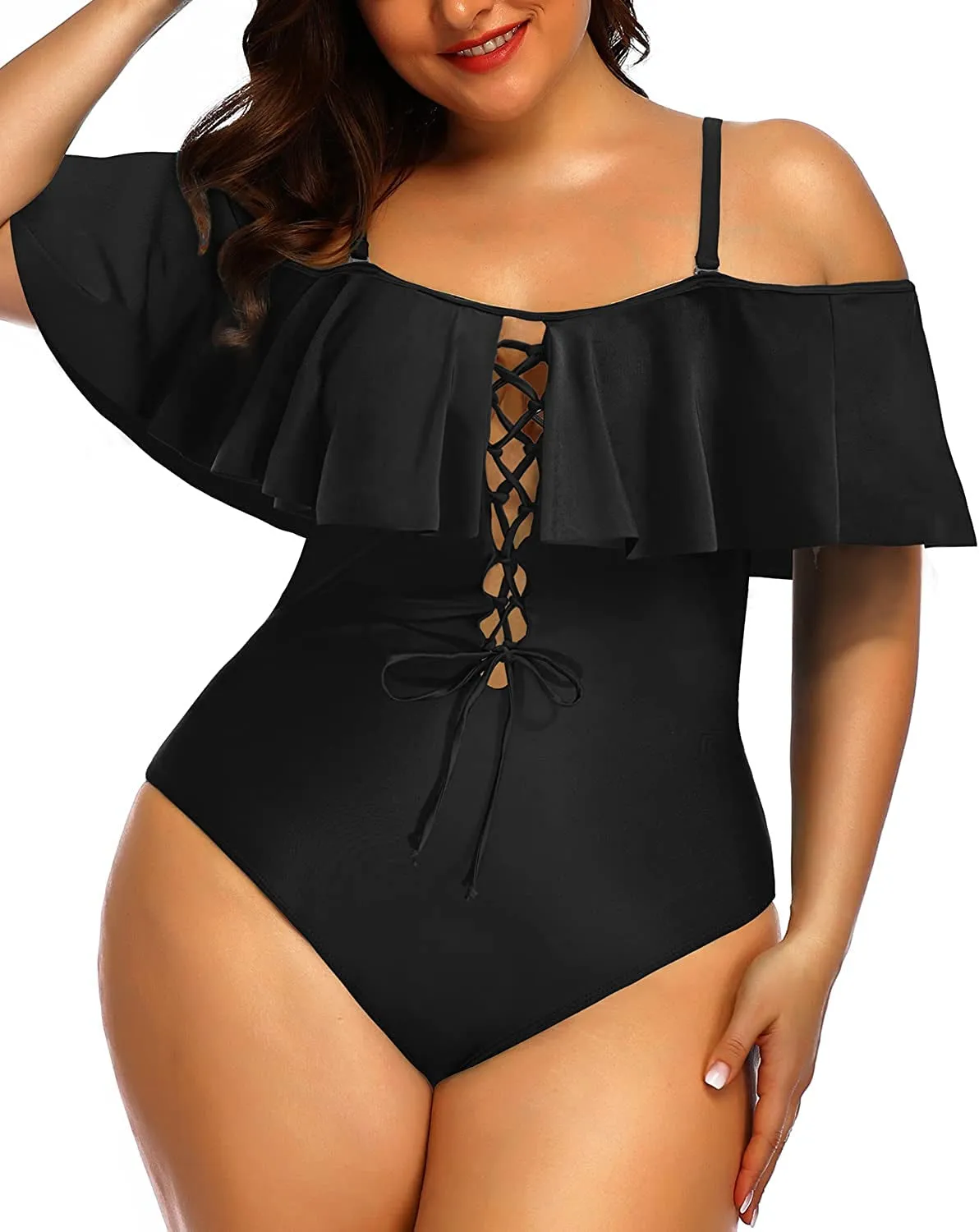 Women Plus Size One Piece Off Shoulder Swimsuits Lace Up Tummy Control Flounce Bathing Suits