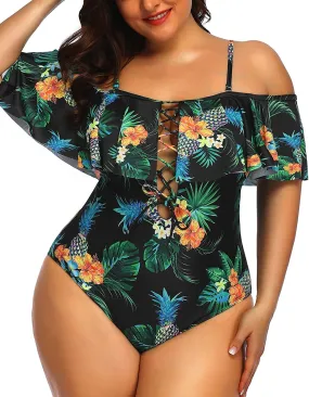 Women Plus Size One Piece Off Shoulder Swimsuits Lace Up Tummy Control Flounce Bathing Suits