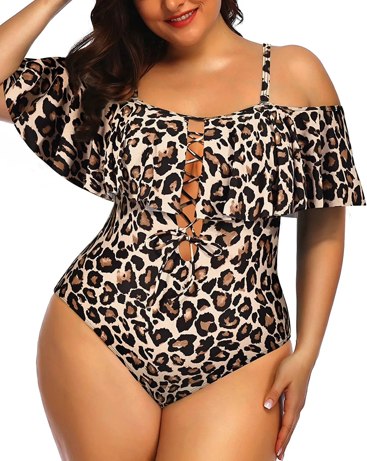 Women Plus Size One Piece Off Shoulder Swimsuits Lace Up Tummy Control Flounce Bathing Suits