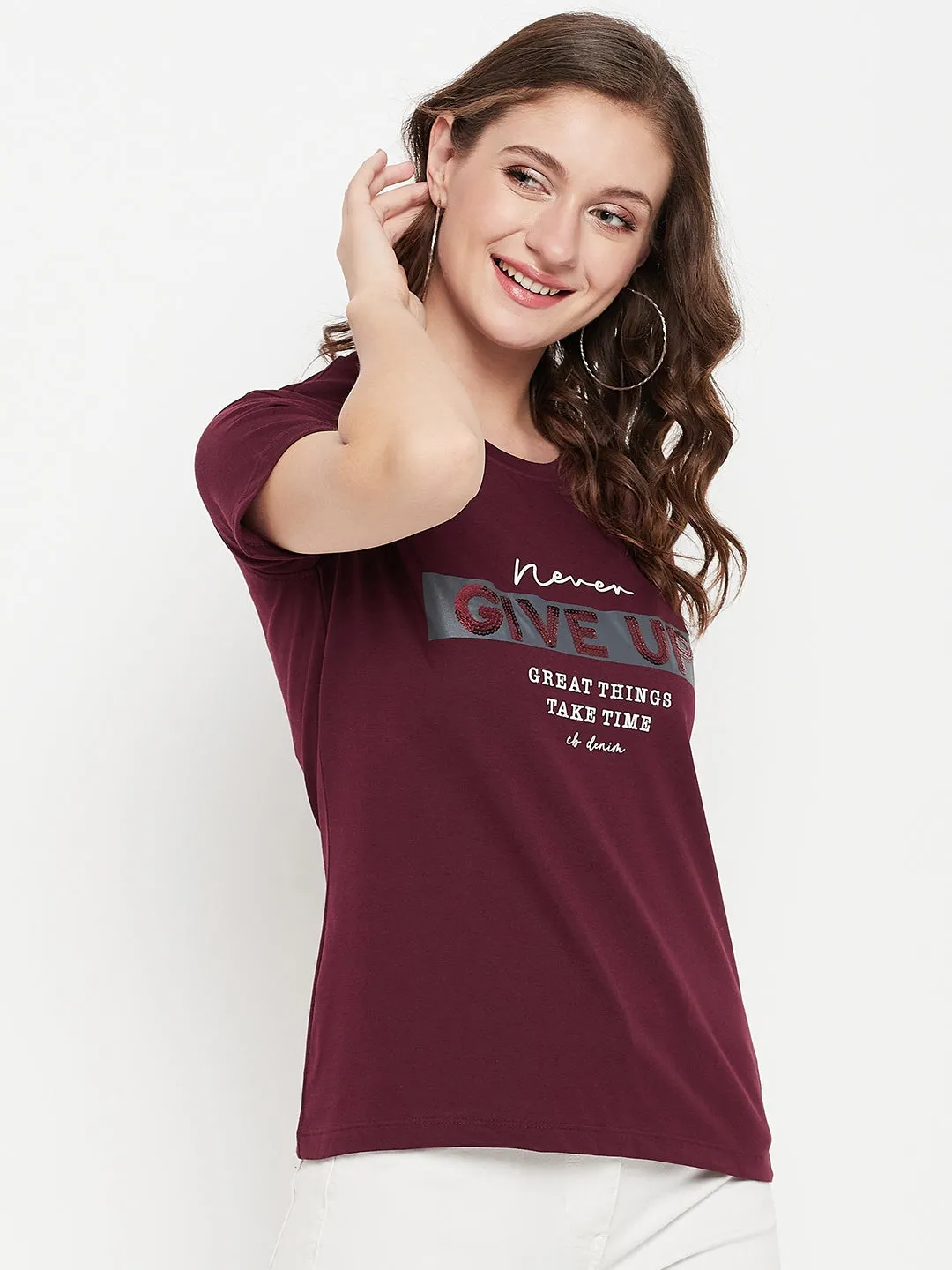 Women's Casual Regular Short Sleeve Wine Round neck Sequin work & Print T-Shirt