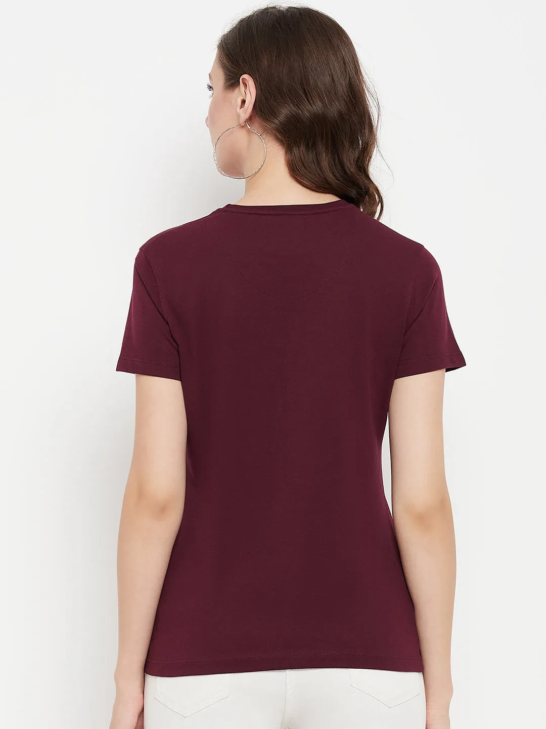 Women's Casual Regular Short Sleeve Wine Round neck Sequin work & Print T-Shirt