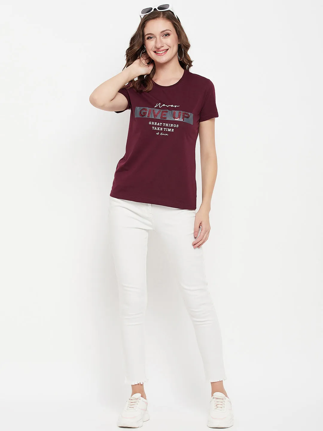 Women's Casual Regular Short Sleeve Wine Round neck Sequin work & Print T-Shirt