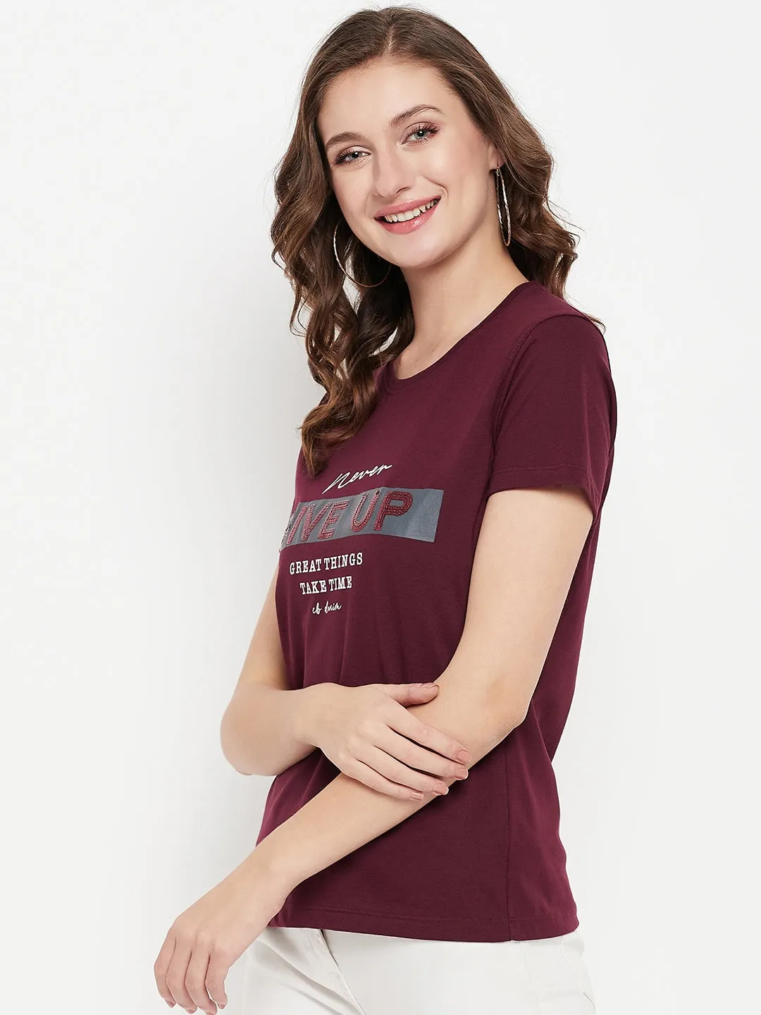 Women's Casual Regular Short Sleeve Wine Round neck Sequin work & Print T-Shirt