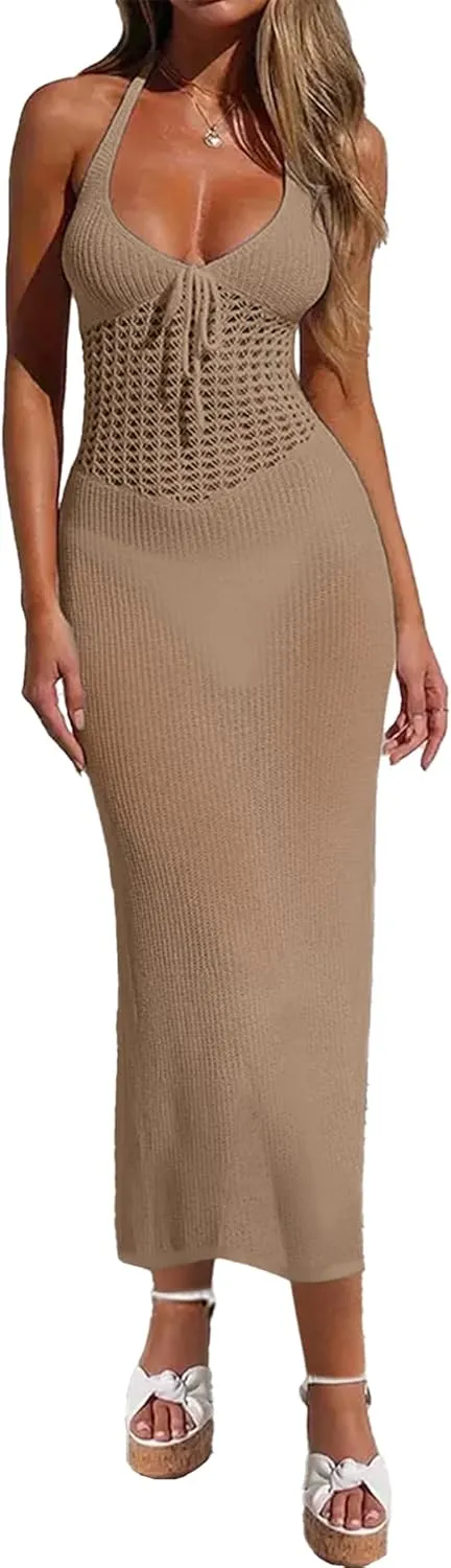 Womens Sexy Crochet Sheer Midi Dress Boho Casual Flowy Halter Tie Front Backless Slit Beach Swimsuit Coverup 2024