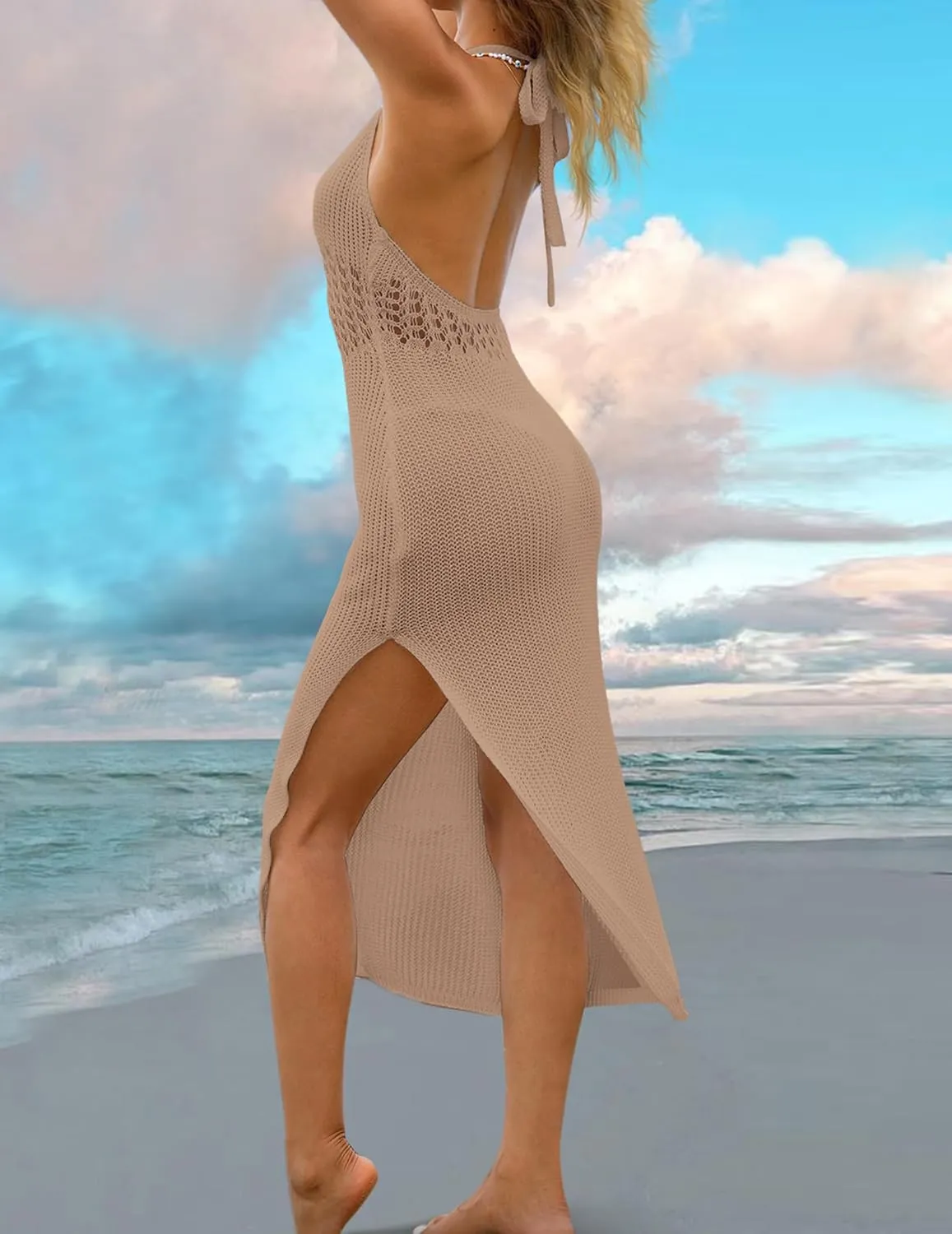 Womens Sexy Crochet Sheer Midi Dress Boho Casual Flowy Halter Tie Front Backless Slit Beach Swimsuit Coverup 2024