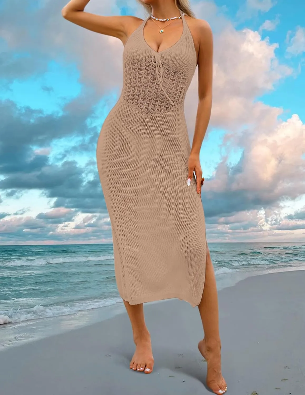 Womens Sexy Crochet Sheer Midi Dress Boho Casual Flowy Halter Tie Front Backless Slit Beach Swimsuit Coverup 2024