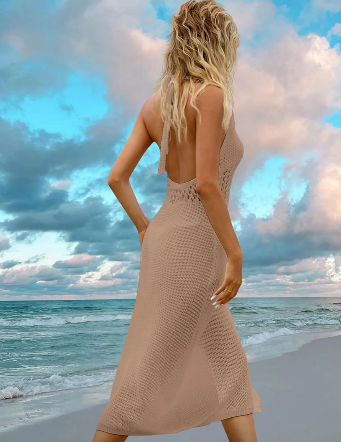 Womens Sexy Crochet Sheer Midi Dress Boho Casual Flowy Halter Tie Front Backless Slit Beach Swimsuit Coverup 2024