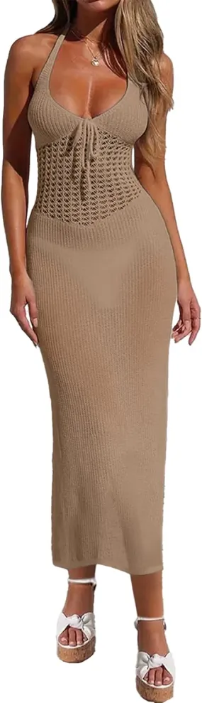 Womens Sexy Crochet Sheer Midi Dress Boho Casual Flowy Halter Tie Front Backless Slit Beach Swimsuit Coverup 2024
