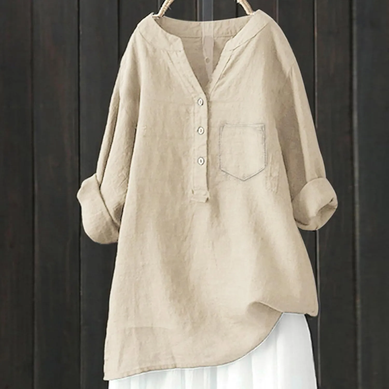 Women's Short Sleeve Cotton Linen Shirt Casual V Neck Trendy T Shirt Collared Button Down Loose Summer Tops