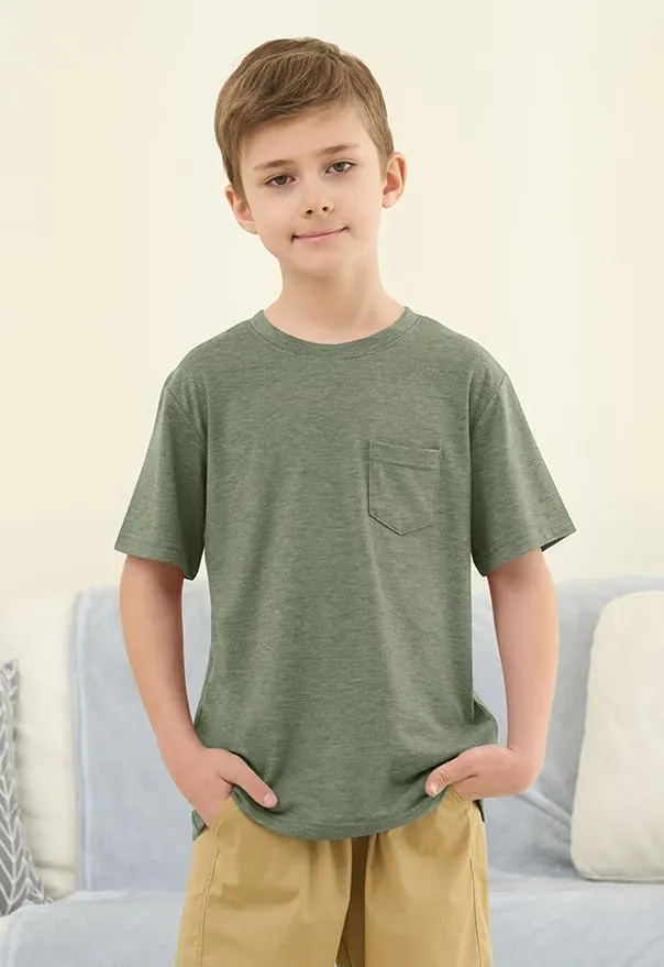 ZDC Boys Short Sleeve T Shirts Kids Summer Crewneck Tops Basic Tees with Pockets 5-14 Years